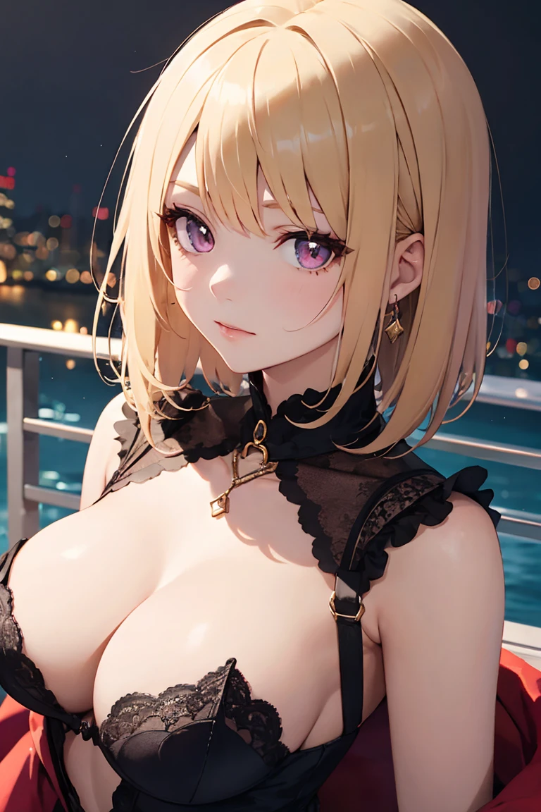 masterpiece, absurdres, best quality, ultra detailed, high Resolution, detailed illustration, extremely beautiful detailed face and eyes, Delicate beautiful face, bright colour, 1girl, cute face, magenta eyes, sparkling eyes, big eyes, medium breasts, (perky breasts:1.1), (pointy breasts:1.1), medium hips, glamorous body, white skin, happy, BREAK, long bob cut, (blonde hair:0.8), messy hair, detailed hair, shiny hair, BREAK cardigan, tiny ribbon, perfect lighting, outdoor,