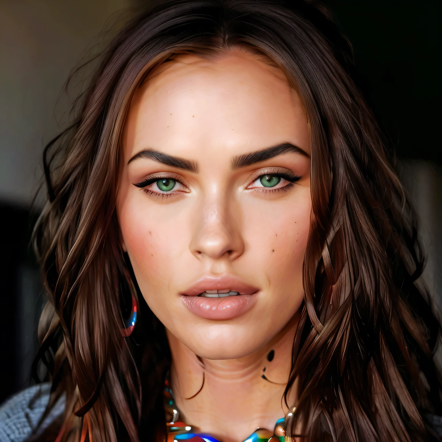 a close up of a woman with long hair and a necklace, megan fox with heavy eye makeup, lips of megan fox, megan fox, megan fox witch queen, portrait of megan fox as demon, portrait of megan fox, megan fox colorful portrait, megan fox as beautiful mountains, megan fox portrait, portrait of megan fox as a queen, megan fox made out of mayonnaise