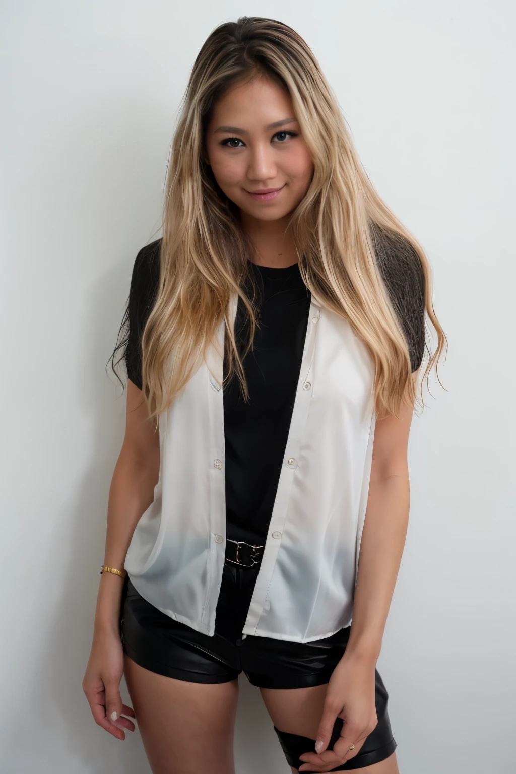 RAW photo of annkou, in front of white wall, wearing short black pants, candid celebrity shot, midshot portrait, blonde, realistic skin details, (high detailed skin:1.2), 8k uhd, dslr, soft lighting, high quality, film grain, Fujifilm XT3, studio lights