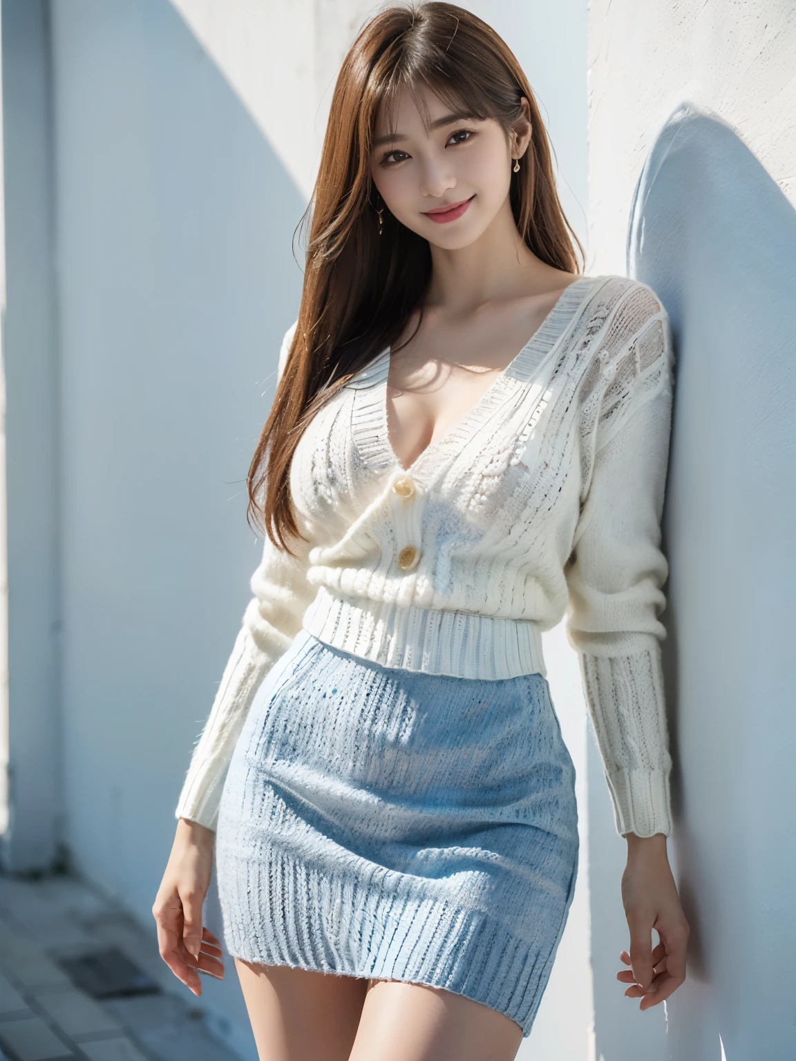 ((((highest quality))))、(((Ultra-precision CG16K wallpaper)))、(((masterpiece)))、(((Super detailed)))、(((super extreme details)))、１people&#39;s women、mature woman、25 year old woman、((Japanese face))、((very beautiful face))、((Sayuri Yoshinaga:1.5))、((straight semi-long hair:1.3))、(shiny hair)、bangs up to eyebrows、beautiful brown hair、beautiful delicate eyes、brown eyes、raised eyebrows、high nose、small nostrils、small mouth、seductive lips、mouth slightly open、beautiful breasts、C cup size breasts、cleavage、plump body、perfect proportions、perfect anatomy、perfect composition、beautiful detailed shading、beautiful natural lighting、beautiful detail glow、Depth of bounds written、(((High chroma)))、(((real:1.9)))、((vivid:1.4))、((beautiful skin))、((skin texture))、((realな皮膚感))、(((cowboy shot:1.5)))、((Angle seen from the front:1.5))、((smile:1.5))、(Eyes looking at me:1.5)、bright sunshine、(((In front of the white wall:1.3)))、(standing pose:1.5)、(((Light blue knit miniskirt dress:1.5)))、