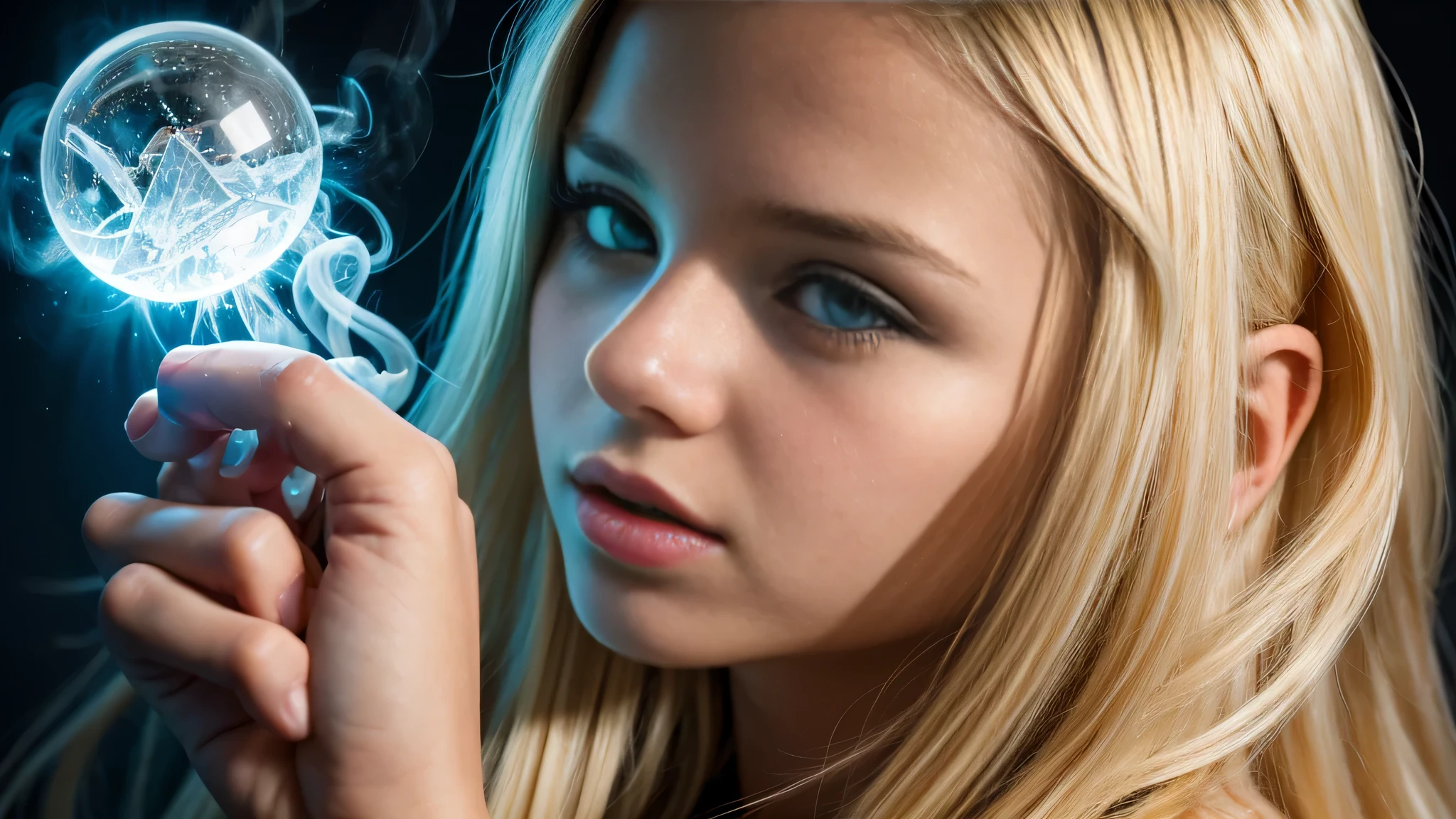 a close-up of a KIDS GIRL BLONDE with long hair, BIG BALL OF electrified ICE IN HANDS. SMOKE GREEN.