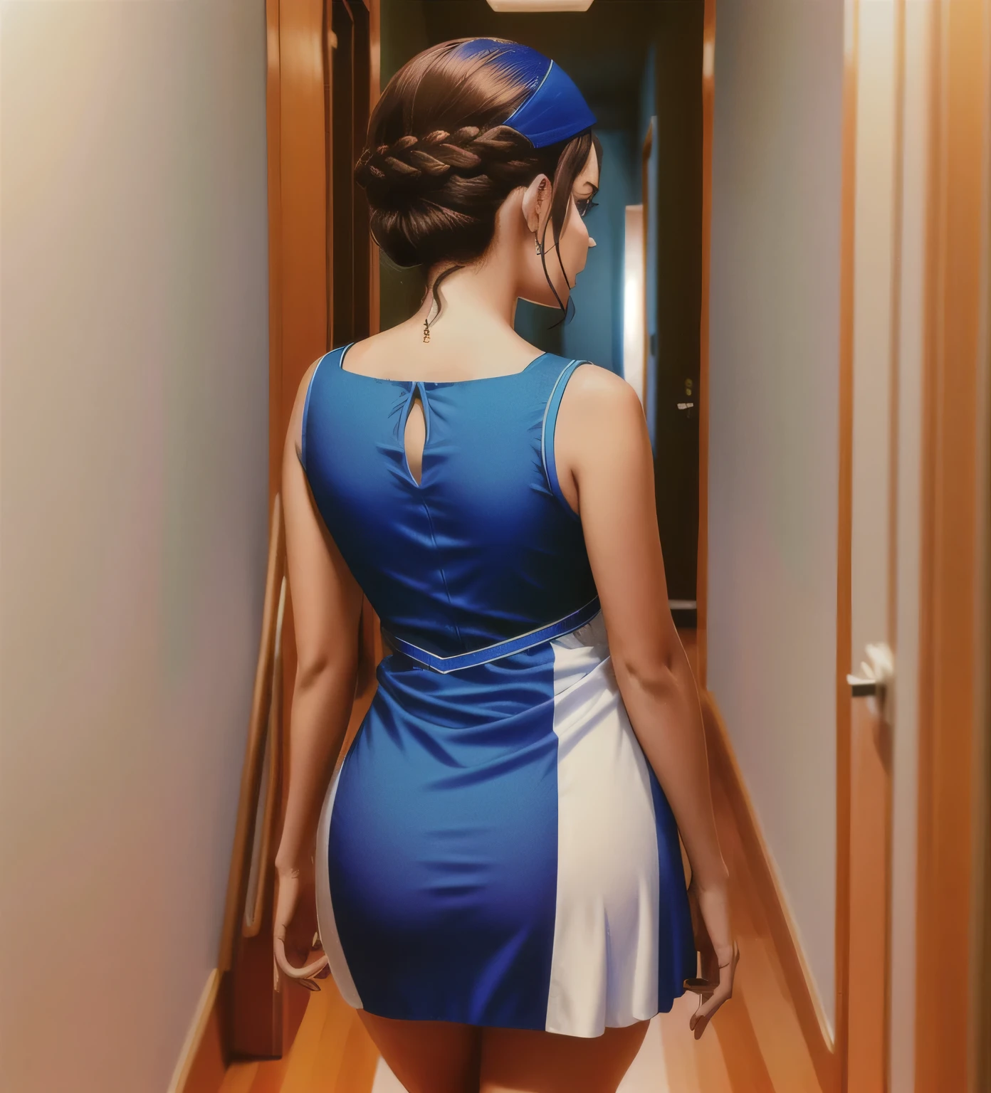 mulher em um vestido azul escuro, um lance de escadas, view from behind, photo taken from behind, vestido aberto, 8k