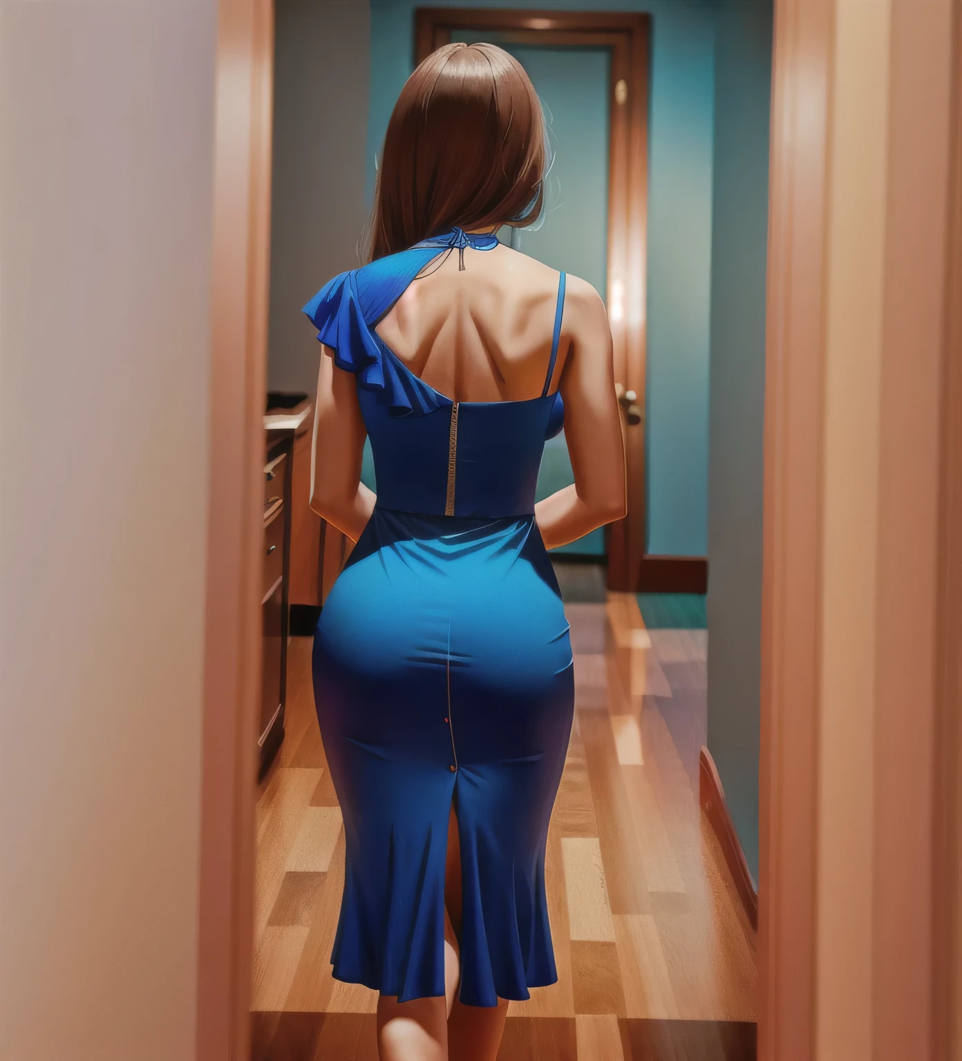 mulher em um vestido azul escuro, um lance de escadas, view from behind, photo taken from behind, vestido aberto, 8k