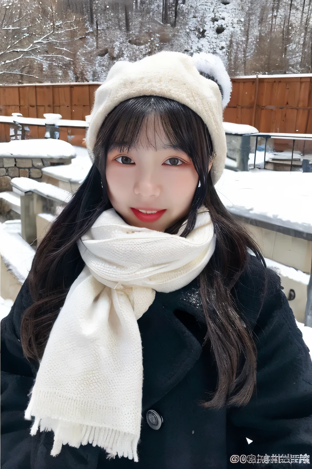 masterpiece, best quality,1girl, solo, black hair, scarf, hat, realistic, looking at viewer, black eyes, long hair, coat, winter clothes, white scarf, lips, bangs, outdoors, closed mouth, upper body