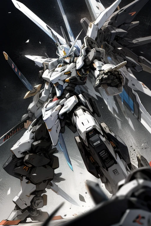 mecha black and white with a sword
