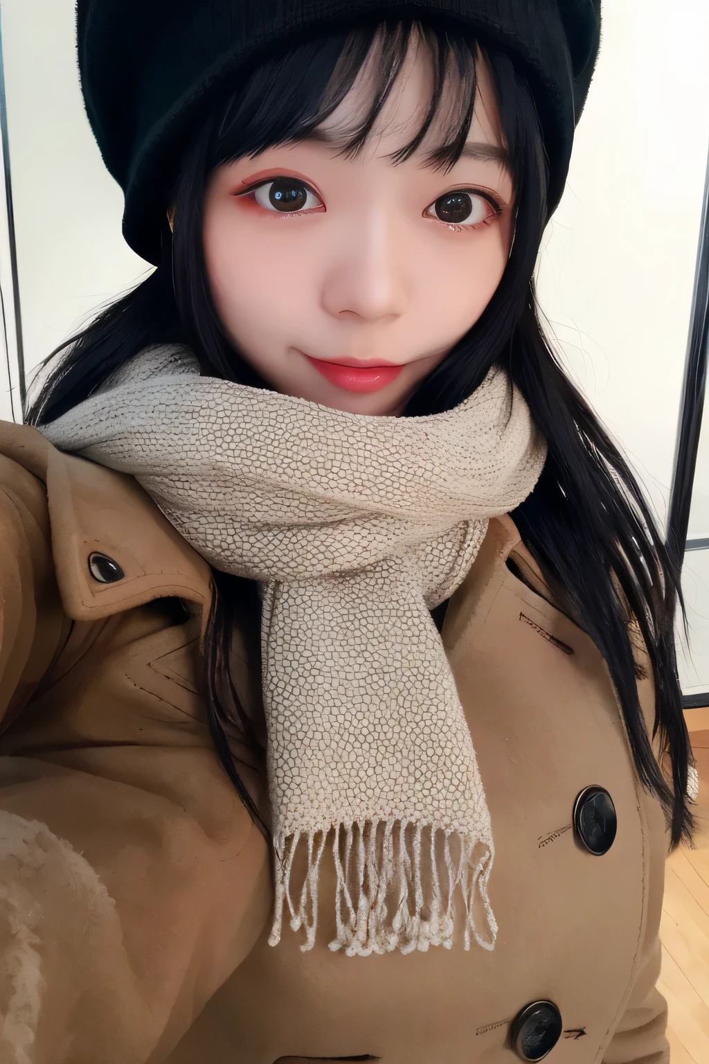 masterpiece, best quality,1girl, solo, black hair, scarf, hat, realistic, looking at viewer, black eyes, long hair, coat, winter clothes, white scarf, lips, bangs, outdoors, closed mouth, upper body