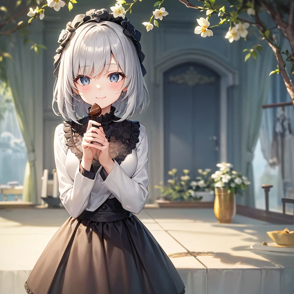 super high quality, with a girl, 20-year-old, very short hair, long bangs between the eyes, gray eyes , very detailed,(masterpiece、highest quality)、alone、gray hair、 silver hair, beautiful eyes、white jacket、black shirt、smile、flower garden、wink、Making chocolate、patissier、Fantasy landscapes