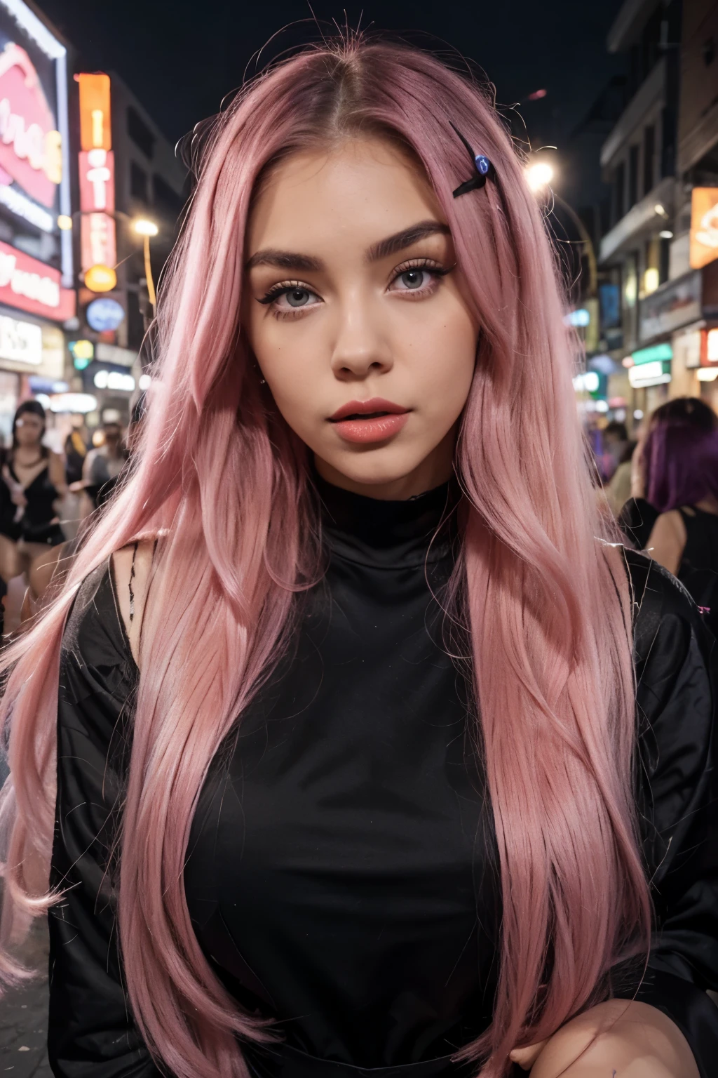 Mixed polish but more latina woman with long hair sticking out her tongue in a black dress, tongue out, long blonde hair and large eyes, duckface, a gorgeous , swedish woman, goddess ,saturated pink hair and large blueish eyes face, perfect girl, with long pink hair, instagram model, sexy girl with long purple hair, big lips, makeup, strong eyebrows, 23 years old, fit, only lip gloss, Thick red light red lips, madison beer, perfect girl, with soemthing interesing in her eyes, e girl, young , sharp face, not innocent face, strong pink purple hair , kittyxnacre maddie francesca type, she is obviously on bangkok streets parting wearing a white dress