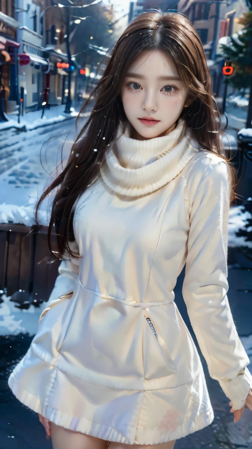 ((highest quality)), ((masterpiece)), (high resolution), perfect face,photorealistic:1.5,((winter、snow scene,town where it&#39;s snowing,1 girl,Scarf、gloves、long coat))、woman in her 20s、long black hair、Detailed eyes and lips、Detailed eyes、round face、baby face、looking at the camera、Smile、Big eyes、(knit sweater、skirt)、Precisely drawn hands and fingers、Accurately drawn arms and legs