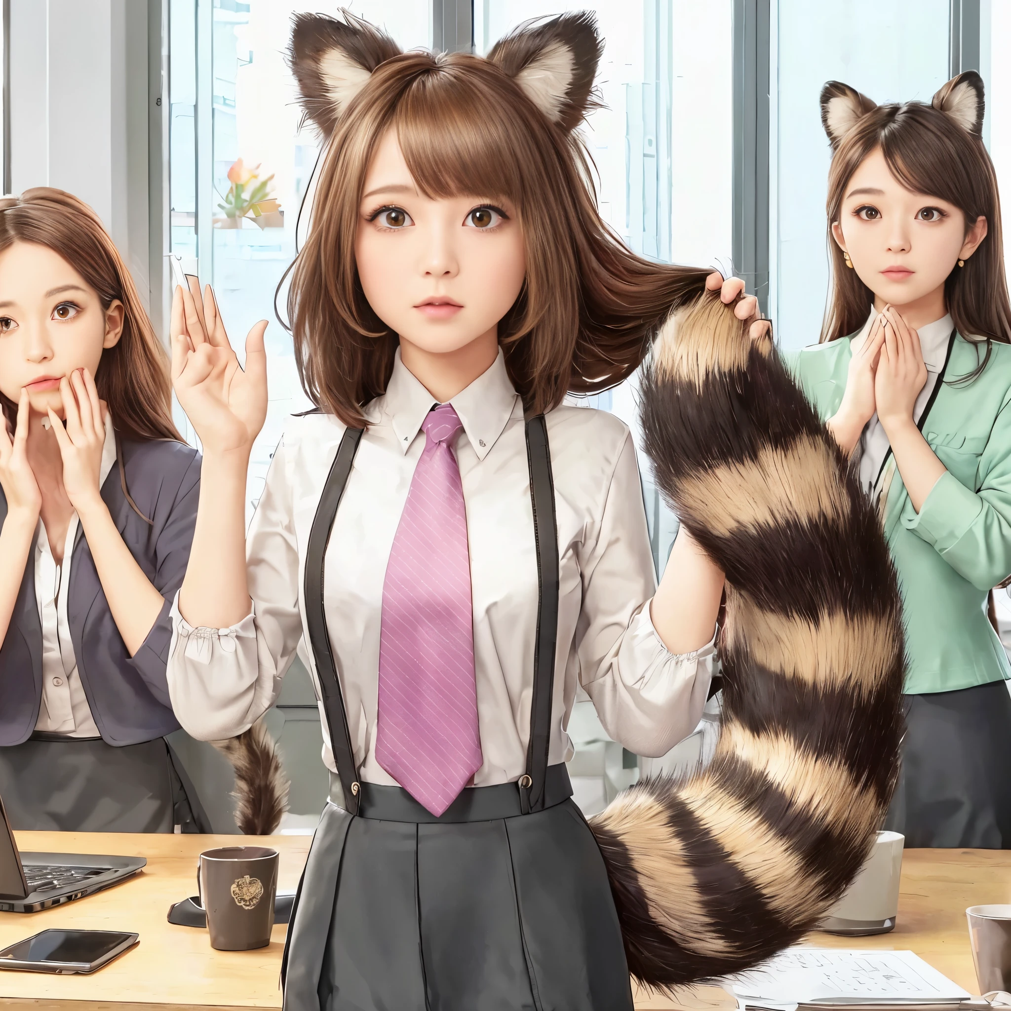 woman stands with a tanuki tail, (software) safe for work, fur with tail, software version, coworkers, realistic style, , realistic style , beautiful girl, photograph, 最high quality, (Her skirt is flipped up and her tail is visible.:1.8) ,Reality, small breasts, slender, white panties,tail from above panties, Tail from inside the skirt, bushy tail, realistic tail, flat chest, (software) safe for work, nffsw, retina, muste piece, Accurate, anatomically correct, super detail, advanced details, high quality, 最high quality, High resolution, 1080p, 4k, 8K, The tail is sticking out from inside the skirt, long tail, troubled face