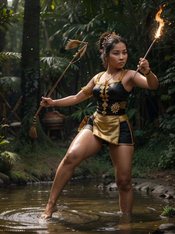 Highly detailed 3D caricature of a large-headed, small-bodied, beautiful Indonesian woman in traditional Javanese clothing, her hand holding an arrow with her bow ready to shoot, facing the camera with a sharp gaze, her other hand outstretched emitting sparkling particles of water, fire and air, position of one leg like a flying kick the other foot hits the ground, the background is a forest