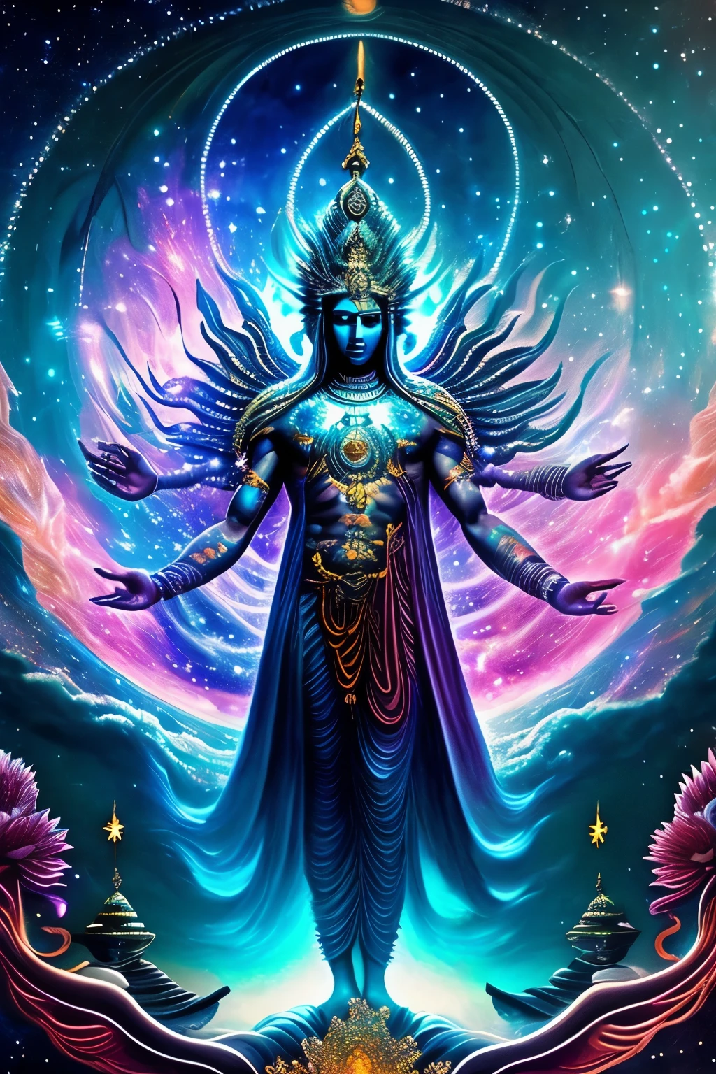 In the depths of dreamlikeart, where reality intertwines with the cosmos, there lies a celestial being known as [cyberpunked] Vishnu from the Stars. (1.5) He floats effortlessly within a breathtaking galaxy, surrounded by swirling nebulas and the vast expanse of outer space. His celestial form is adorned with intricate Hindu symbols, echoing the essence of the universe itself. His star-studded body gleams with a divine light, reflecting the infinite consciousness of the cosmos. His four arms extend in all directions, each hand bearing a lotus flower cradling a radiant orb, symbolizing the creation and