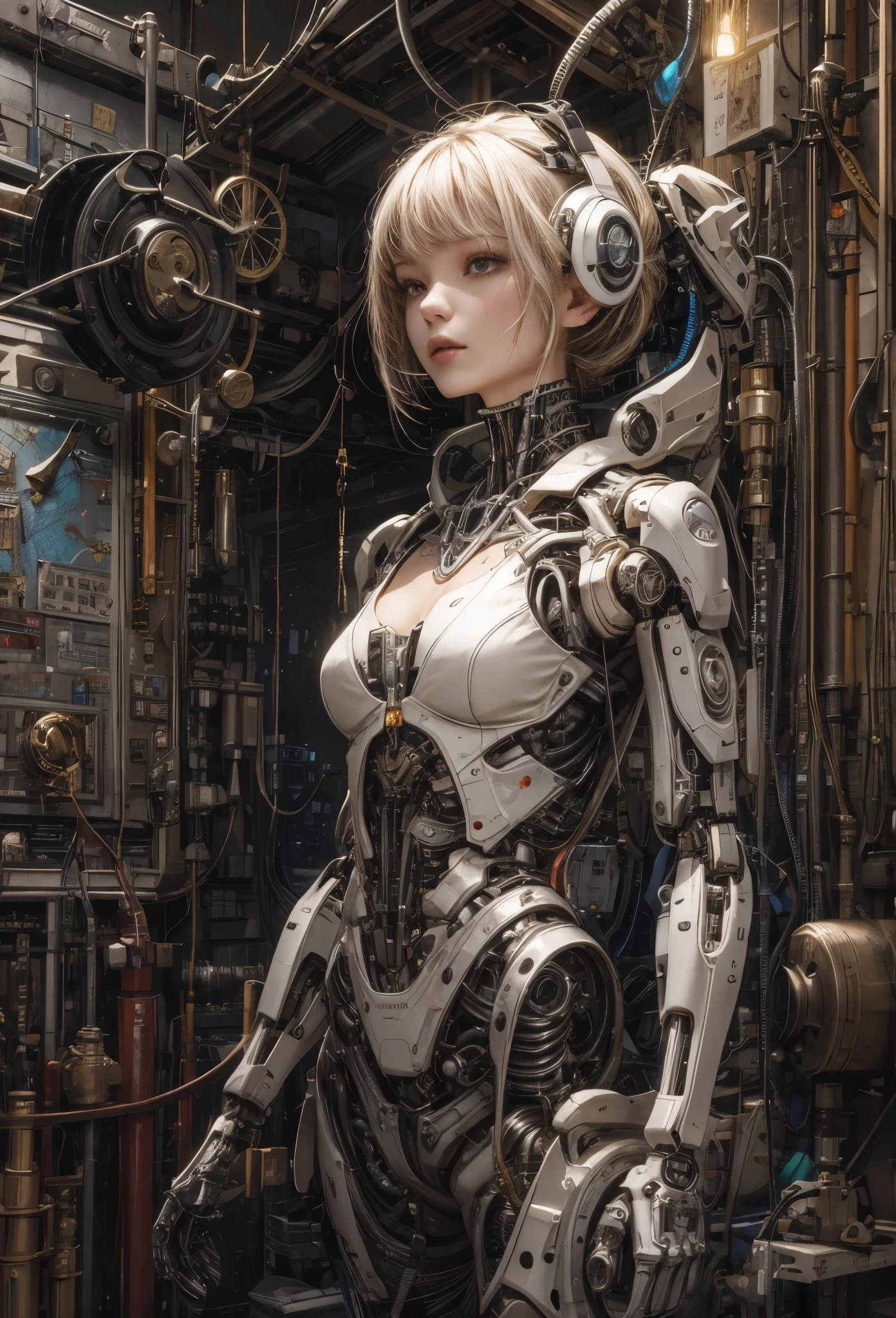 (((masterpiece))), (((best quality))), ((ultra-detailed)), (highly detailed CG illustration), ((an extremely delicate and beautiful)),cinematic light,((1mechanical girl)),solo,(cowboy shot:1.2),(machine made joints:1.2),((machanical limbs)),(blood vessels connected to tubes),(mechanical vertebra attaching to back),((mechanical cervial attaching to neck)),expressionless,(wires and cables attaching to neck:1.2),(wires and cables on head:1.2),(character focus),science fiction,extreme detailed,colorful,highest detailed, loongs,fengs,background,