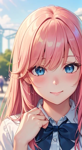 ((masterpiece, best quality, highres, UHD, perfect pixel, depth of field, 4k, RTX, HDR))), 1girl, single, solo, beautiful anime girl, beautiful artstyle, anime character, ((long hair, bangs, pink hair)), ((blue eyes:1.4, rounded eyes, beautiful eyelashes, realistic eyes)), ((detailed face, blushing:1.2)), ((smooth texture:0.75, realistic texture:0.65, photorealistic:1.1, anime CG style)), medium breasts, dynamic angle, perfect body, ((portrait, pov)), ((blue bowtie, summer school uniform, white shirt, black skirt,)), smile, ((hand touches cheek)), amusement park