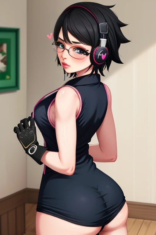 best quality, afterglow, 4k, ((masterpiece)), , 8k,, Intricate, High Detail, Sharp focus, indoors, headphones, gloves, underwear, panties, vest, sleeveless shirt. masterpiece, absurdres, 1 age girl, Age 15 old, black hair, shoulder length hair, pure black eyes, frameless glasses, masterpiece, absurdres , (intricate details), (colorful),, (Medium Breast) [Beautiful Curvy butt]. Heart shaped Lips, Painted Lips shine. detailed eyes, blushed, looking at viewer. Detailed eyes