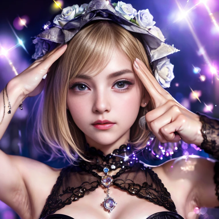 (masterpiece, best quality, highres, ultra-detailed, 8k, 4k), artbook, anime coloring, CG, illustration , fantasy, mksks ,1girl, solo, earring, choker, background is a huge ornate circular pattern, smile, happy looking at viewer, fireworks, stars, night, outdoors, (dutch angle), close up, face focus, upper body, yoimiya (genshin impact)
