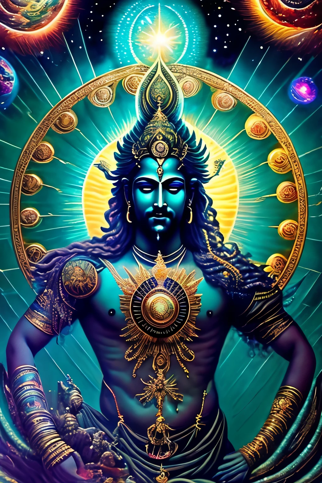 In the depths of dreamlikeart, where reality intertwines with the cosmos, there lies a celestial being known as [cyberpunked] Vishnu from the Stars. (1.5) He floats effortlessly within a breathtaking galaxy, surrounded by swirling nebulas and the vast expanse of outer space. His celestial form is adorned with intricate Hindu symbols, echoing the essence of the universe itself. His star-studded body gleams with a divine light, reflecting the infinite consciousness of the cosmos. His four arms extend in all directions, each hand bearing a lotus flower cradling a radiant orb, symbolizing the creation and