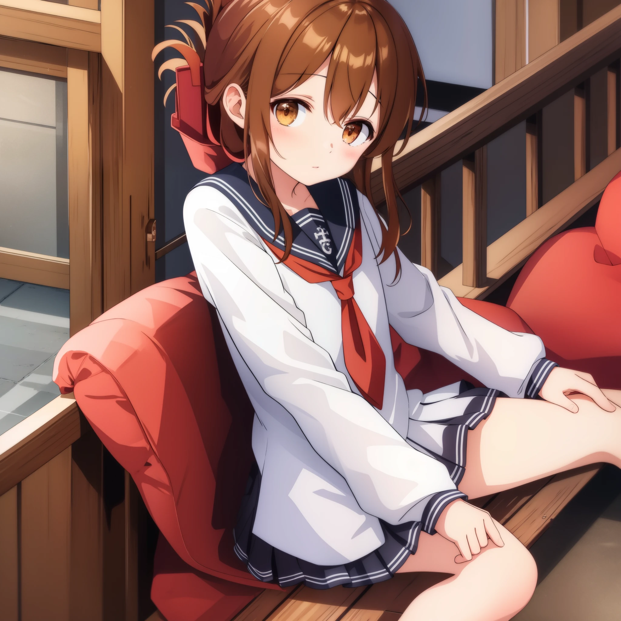 保健室で分厚いミニskirtとセーラー服を着た女子中学生,(masterpiece, highest quality:1.2),figure,8K,HD,1 girl,alone,Brown_hair,folded_ponytail,Brown_eye,serafuku,length_hair,School_uniform,skirt,pleats_skirt,