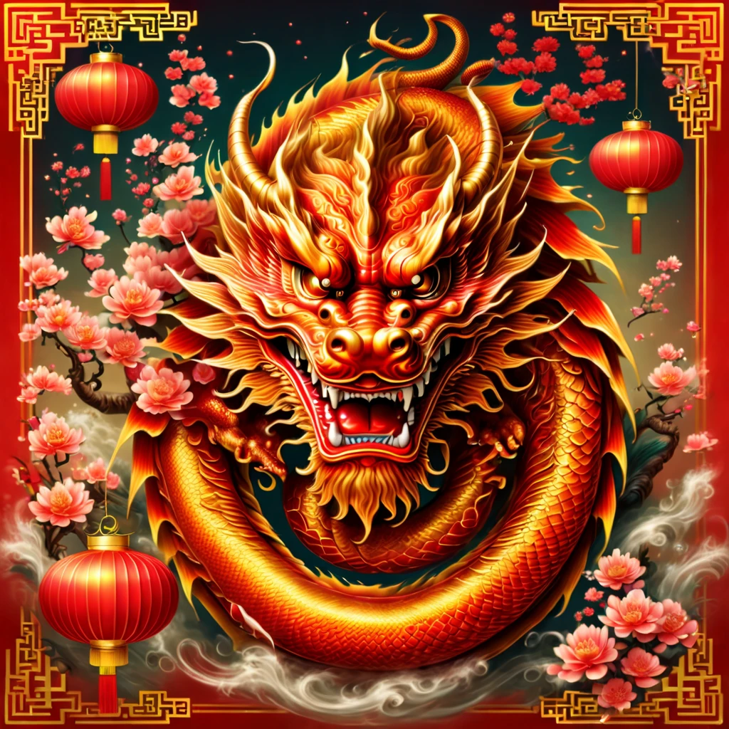 imagine a Chinese dragon celebrating the Chinese New Year in a vibrant, festive atmosphere. The dragon is majestic and powerful, with a long, curling body and a fierce expression. The background is filled with traditional Chinese decorations and symbols, such as lanterns, fireworks, and coins. The colors are bright and bold, creating a lively and energetic scene. This image would be perfect for a poster or a red envelope cover, conveying the spirit of the Chinese New Year and the power of the dragon.