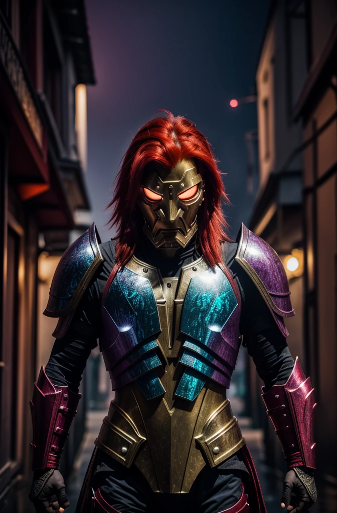 Red hair，man， purple armor, light bearer karoriors, medieval city, dark, fighting, epic, karo, Surrealism, 8k, Super details, karo, fighting against demons, darkness, fear, rain