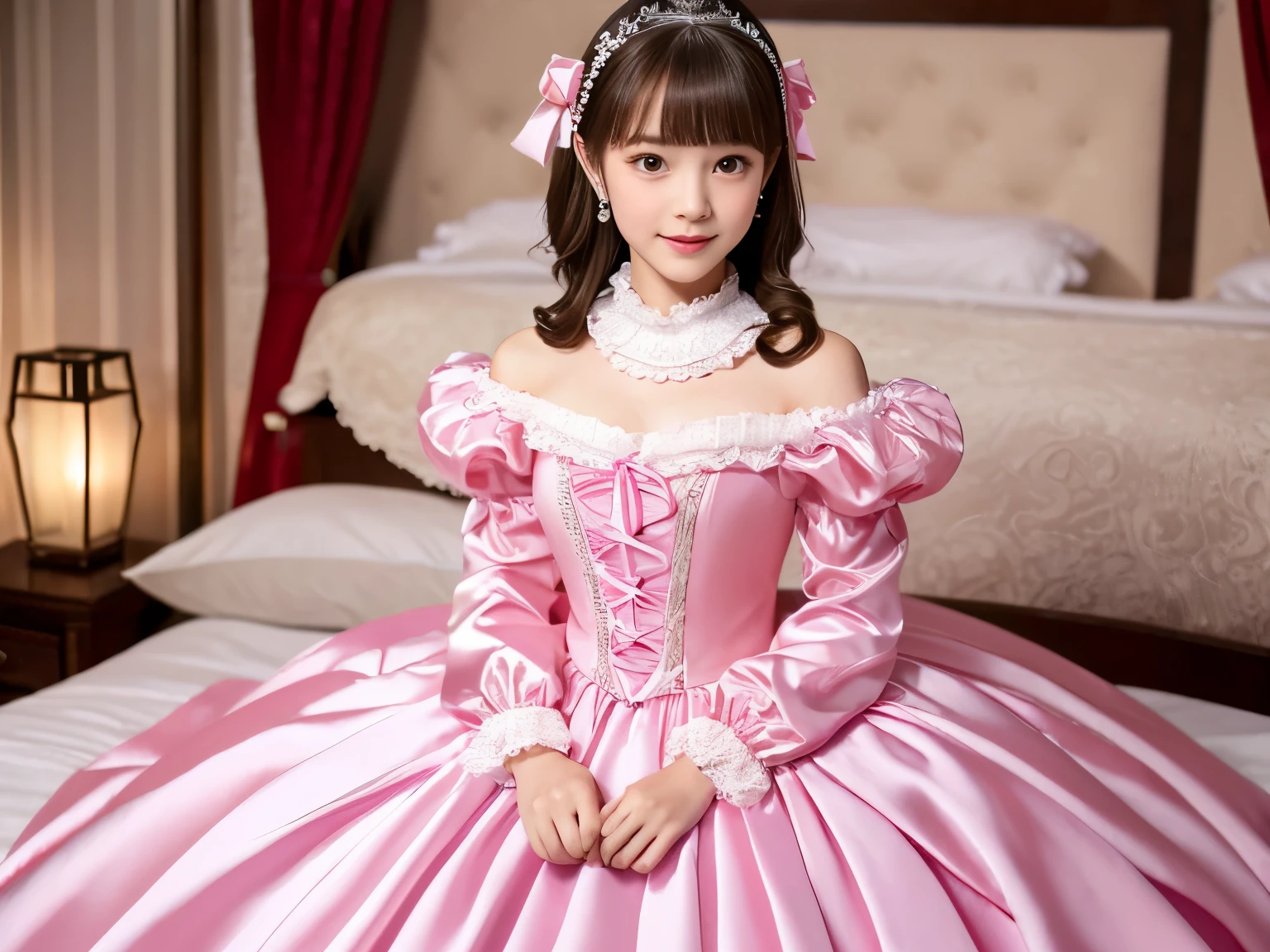 ,highest quality, masterpiece, highest resolution, artwork, super それにget used to it, many get used to it, get used to it, それにget used to it, 3k realistic pictures,,((10 year old s)),Ultra-detailed juvenile face,two are princesses,full length ball gown dress with hoop skirt,ruffled yoke collar,puff sleeves,long sleeve,((Lolita stylt pink detailed princess satin dress with lots of ruffles and ribbons)),Rococo style lolita fashion,y satin dress,Soft and smooth fabric,luxury,long blonde hair,blue eyes,white skin european,Pajama,((in the bedroom)),high quality princess canopy bed,