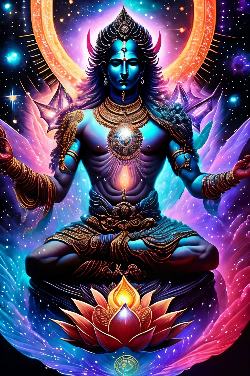 In the depths of dreamlikeart, where reality intertwines with the cosmos, there lies a celestial being known as [cyberpunked] Vishnu from the Stars. (1.5) He floats effortlessly within a breathtaking galaxy, surrounded by swirling nebulas and the vast expanse of outer space. His celestial form is adorned with intricate Hindu symbols, echoing the essence of the universe itself. His star-studded body gleams with a divine light, reflecting the infinite consciousness of the cosmos. His four arms extend in all directions, each hand bearing a lotus flower cradling a radiant orb, symbolizing the creation and