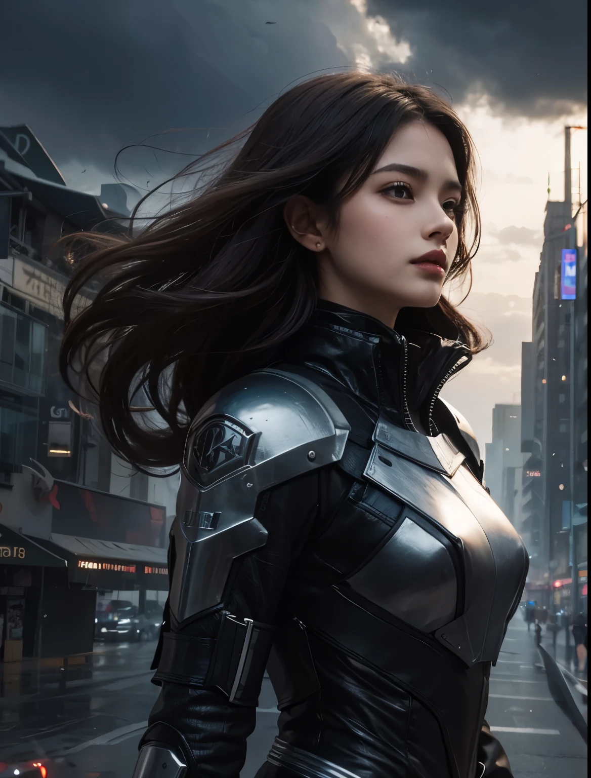 A beautiful woman. Twenty years old. Dark brown hair. She wears a metallic black battle uniform. A futuristic city exists in the space next to her. The weather is cloudy.