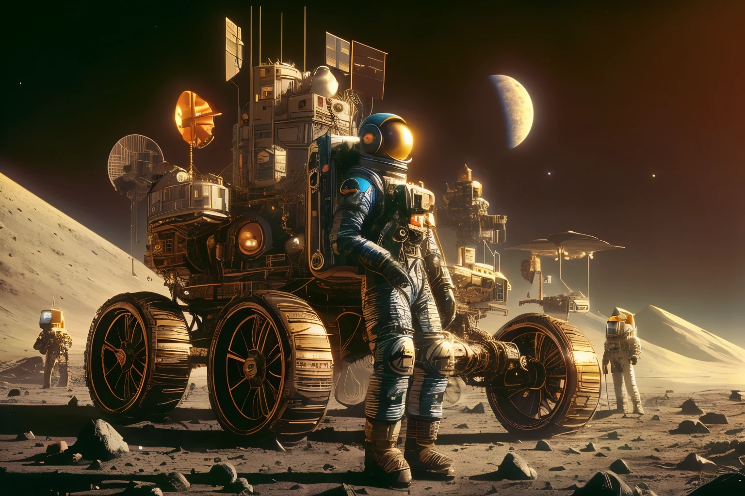 astronauts on the surface of a planet with a vehicle in the foreground, astronauts and space colonies, dan mcpharlin, beeple and tim hildebrandt, on the surface of the moon, space exploration, beeple and jean giraud, retro sci - fi art, vintage sci - fi art, inspired by Alan Bean, intricate machine in space