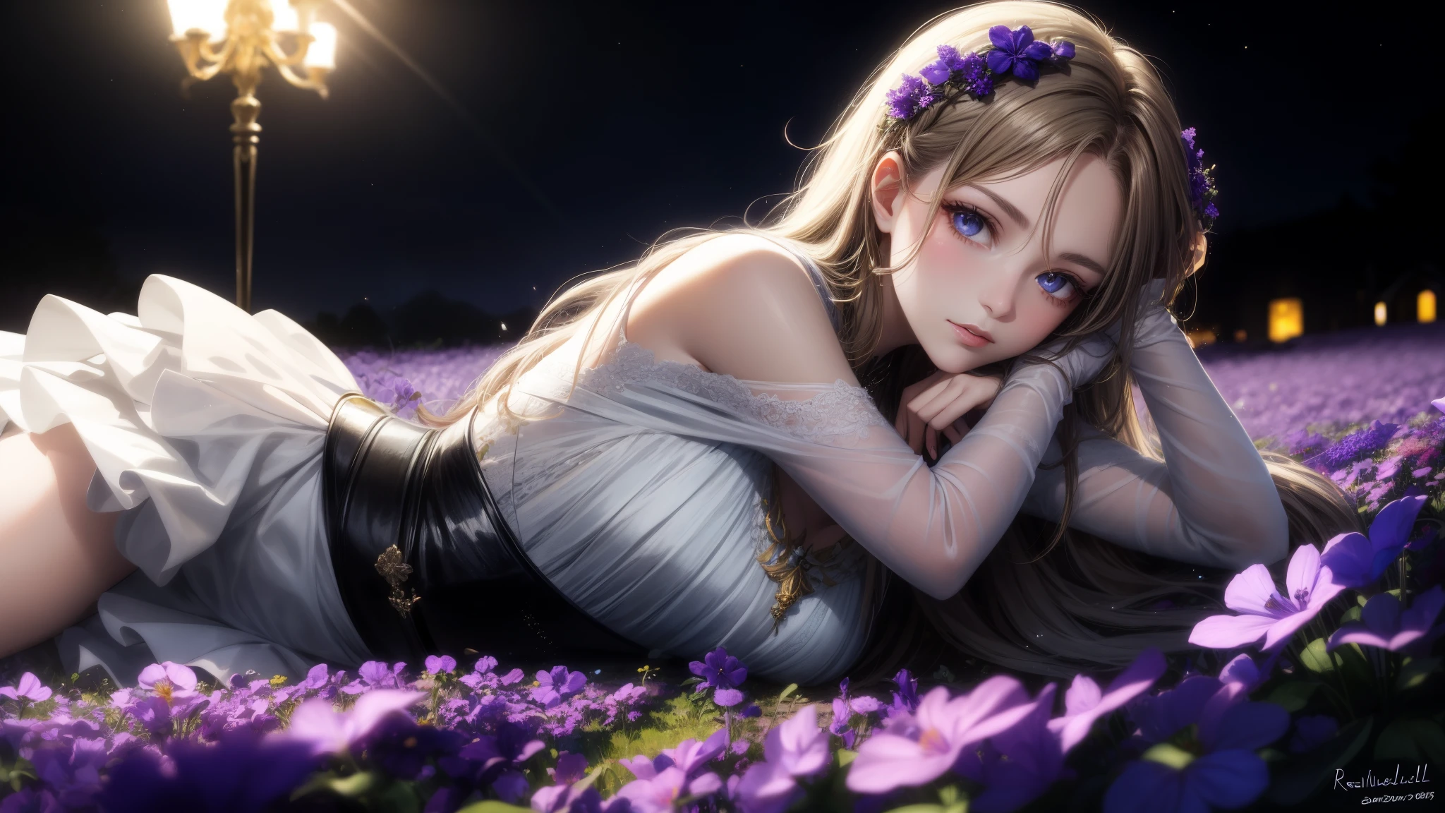 réaliste, 1fille, cheveux blancs, yeux violets, yeux brillants, haut court, jupe, Lèvres entrouvertes, rougir, nuit, fleurs, soleil, soleillight,