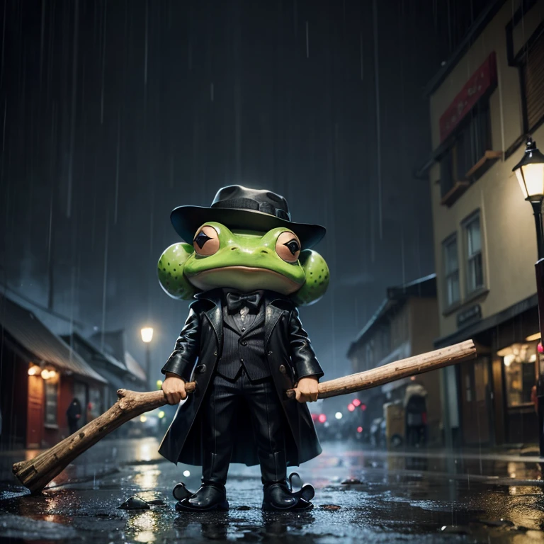 a frog man , wearing a black hat , hold a stick , rainy town ,