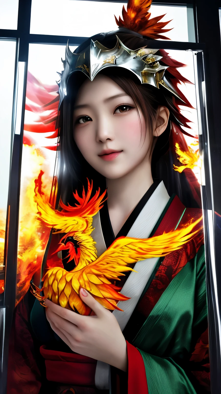 最high quality、high quality、best image quality、8K、最High resolution、High resolution、最high quality、masterpiece、RAW photo、whole photo、realistic atmosphere、(detailed face)、(fine hands、thumb1reference4)、(beauty of japan )、very nice face、beautiful face、((beautiful japanese girl))、(japanese woman), ((18 year old beautiful girl))、(glossy black hair)、(long straight hair)、(ponytail)、slim style、shiny skin、Fair skin、beautiful skin、whole body、(Head-to-toe depiction)、realistic human skin、realistic human body structure、perfect body, perfect face, perfect hands, perfect fingers, perfect lips, perfect eyes,perfect teeth、perfect background round, soft natural light、Interior of a medieval European-style Western-style building、Interior decorated with artwork from the 1690s、 Interior of a 1600s mansion、Classic Bedroom、complex room、Classic interior、((very clear glass、clear tempered glass、glass that allows light to pass through))、((Made of transparent glass(Phoenix Armor))、((Made of transparent glass(phoenix helm))