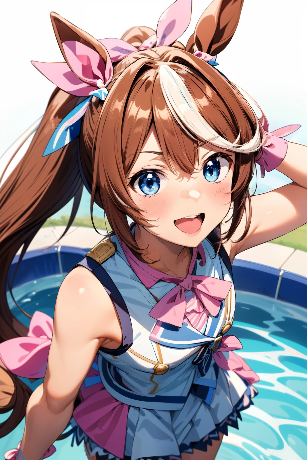 masterpiece, highest quality,
tokai teio \(umamusume\),
From above, upward, look up, smile, open your mouth,
brown hair, ponytail, white mesh hair ribbon, pink ribbon, (Blue and white ruffled bikini:1.3), ribbon on the chest, background a pool,