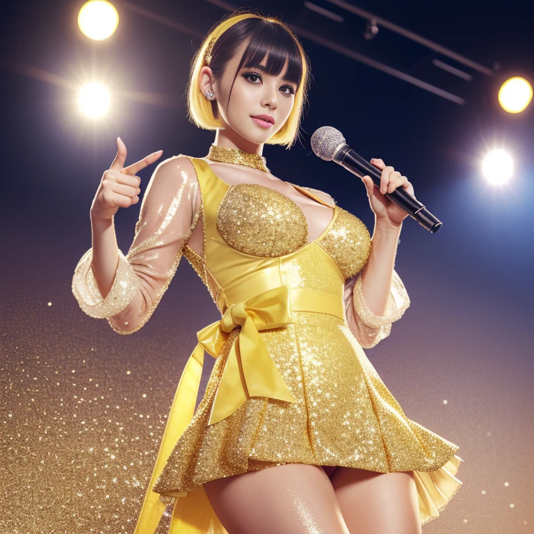 masutepiece, High resolution, 8K, anime woman, Delicate and detailed writing 、Detailed digital illustration、Short hair、perm、Shiny hair、Bangs、a very beautiful woman、Eyes are double, Large, Bust is D cup、High image quality, High quality、Detailed background、(((Wearing idol clothes)))、((Glittering live stage backdrop))、The inside of the eye shines like a diamond、Light yellow hair、Gradient pupil、(((2 arms、4 fingers, 1 thumb)))、Detailed female face、Very beautiful and cute woman、、细致背景、​masterpiece、Soft Focus , Bright gradient watercolor , Lens Flare , (((Glitter))) , Glow , Dreamy , (((Holding a glitter microphone in your hand)))、a miniskirt、Nothing at hand、Idol、Yellow Ribbon、Very beautiful yellow rose hair accessories、Yellow and white costume、Photos of Do-Up