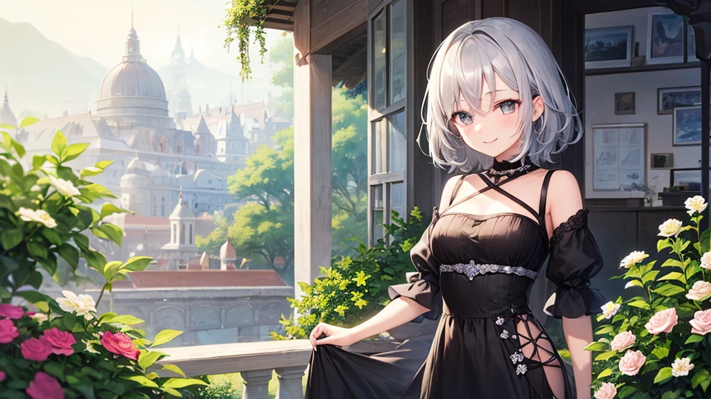 super high quality, with a girl, 20-year-old, very short hair, long bangs between the eyes, gray eyes , very detailed,(masterpiece、highest quality)、alone、gray hair、 silver hair, beautiful eyes、white jacket、black shirt、smile、flower garden、wink、Making chocolate、patissier、Fantasy landscapes