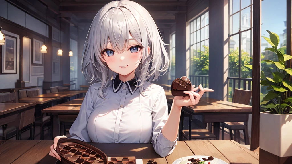 super high quality, with a girl, 20-year-old, very short hair, long bangs between the eyes, gray eyes , very detailed,(masterpiece、highest quality)、alone、gray hair、 silver hair, beautiful eyes、white jacket、black shirt、smile、flower garden、wink、Making chocolate、patissier、Fantasy landscapes