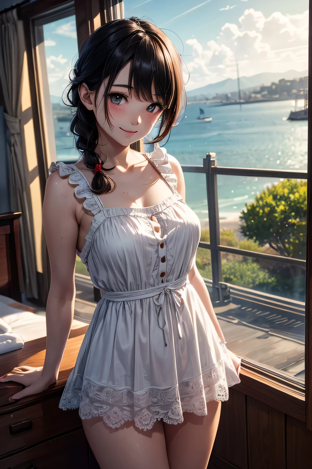 very cute and beautiful girl standing near the window,Blue plaid summer dress with detailed ruffles,Sleeveless,(Skirt lift,White panties), (very detailed beautiful face and eyes:1.2),Antique hotel bedroom with outside view,Distant trees々and the sea, Cowboy Shot,Smile,Medium Hair,Black hair,Dynamic Angle,(Best Quality,masutepiece:1.2),(Intricate details), Extremely detailed,hight resolution,1 girl,Solo,Natural lighting,light Particle,Beautiful detailed sky,