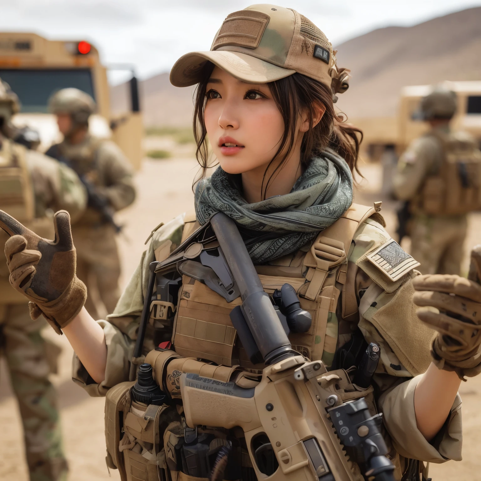 photorealistic、Realistic skin textures、A beautiful Japanese woman belonging to the U.S. military is talking with gestures at a base camp set up in a wasteland.、tent、military vehicle、automatic rifle propped up、bulletproof vest、afghan scarf、baseball cap、Backpack、Heavy equipment、tattoo、boots、、Action poses with movement、
