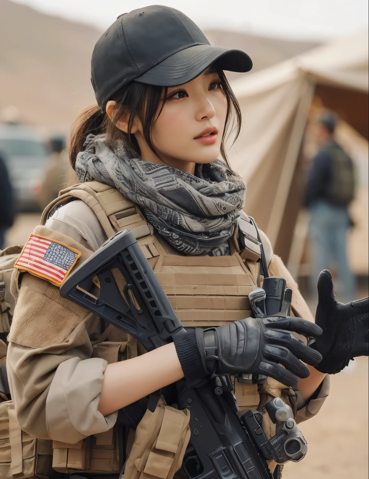 photorealistic、Realistic skin textures、A beautiful Japanese woman belonging to the U.S. military is talking with gestures at a base camp set up in a wasteland.、tent、military vehicle、automatic rifle propped up、bulletproof vest、afghan scarf、baseball cap、Backpack、Heavy equipment、tattoo、boots、、Action poses with movement、