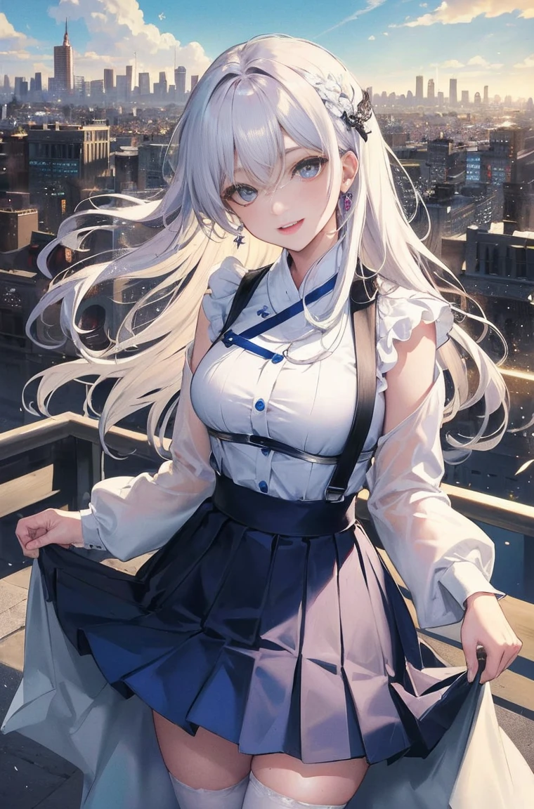 official art, masterpiece, sharp focus, (Beautiful gorgeous lovely Korean women:1.3), (beautiful and cute korean:1.3), Korean beauty, exquisite beautiful hair、eyes and face, actual, Super detailed, beautiful girl, blue sky, Luminous white particles, (side light:1.2), sunshine, Baiyun, Detailed cloud, thin and long, Lovely big breasts and big butt, smile with teeth, ((smile with eyes, open your eyes)), landscape, long, straight hair, sexy facial expression, architecture, (city View:1.7), dynamic hair, long, straight hair, Detailed platinum pink hair, Glowing blue eyes, (blue pleated shirt + white skirt), white stockings, pale skin, hair accessories, epic landscape,white hair。,The skirt was lifted。