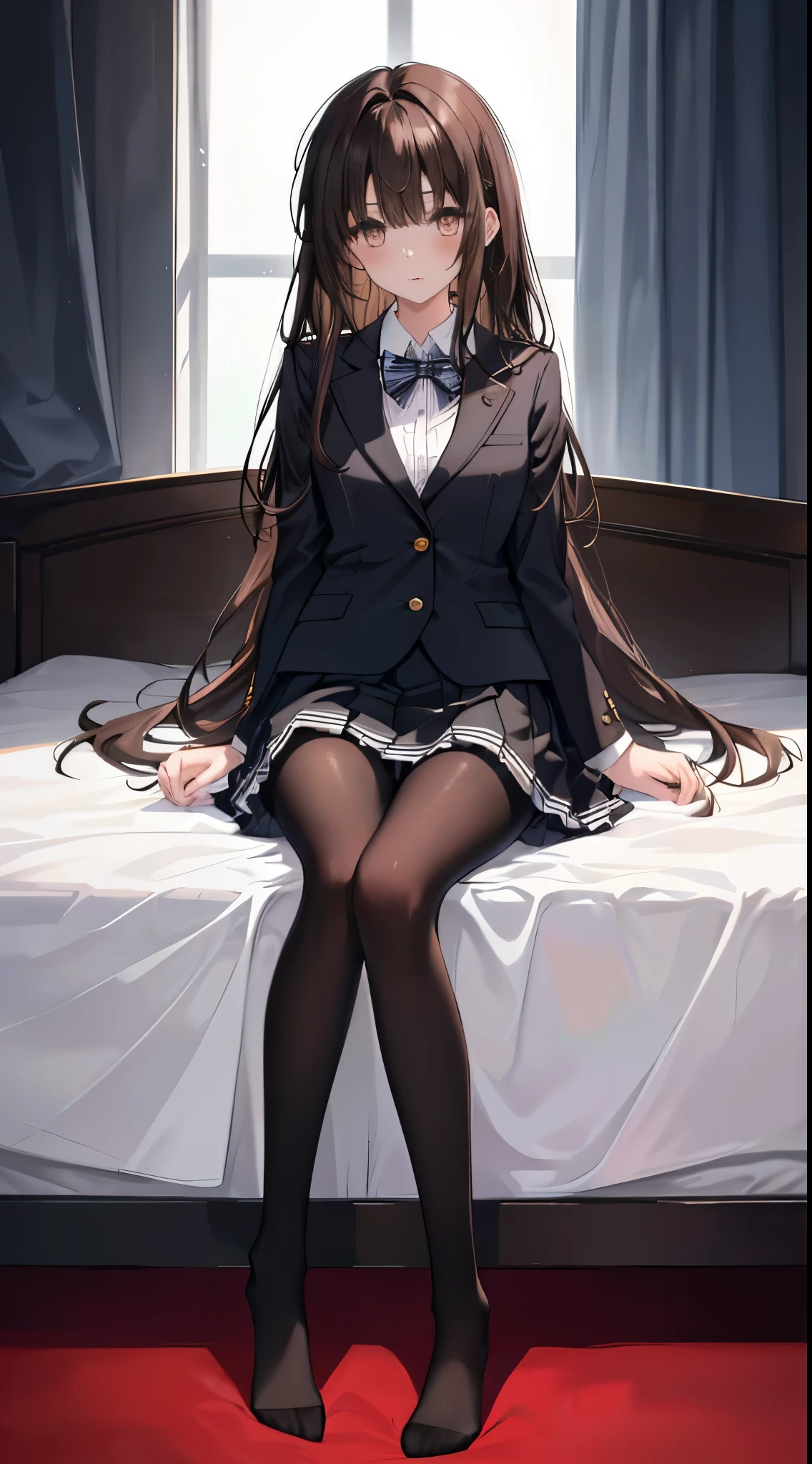 finest, masterpiece, High resolution, (Full body view from head to toe), front, frontやや下からの構図, Symmetrical, 18 year old tall girl, alone, (whole body from head to toe), small breasts, brown hair, slightly messy hair, long hair, bangs, (black tights), ( (black pantyhose), black pantyhose, sitting with legs spread in the bedroom, (M-shaped legs), show me your white panties, Slender legs, A very beautiful and tall 18 year old girl, (not wearing shoes), blush, shy big eyes, messy hair, looking at camera, Blazer uniform appearance、Checkered pleated skirt