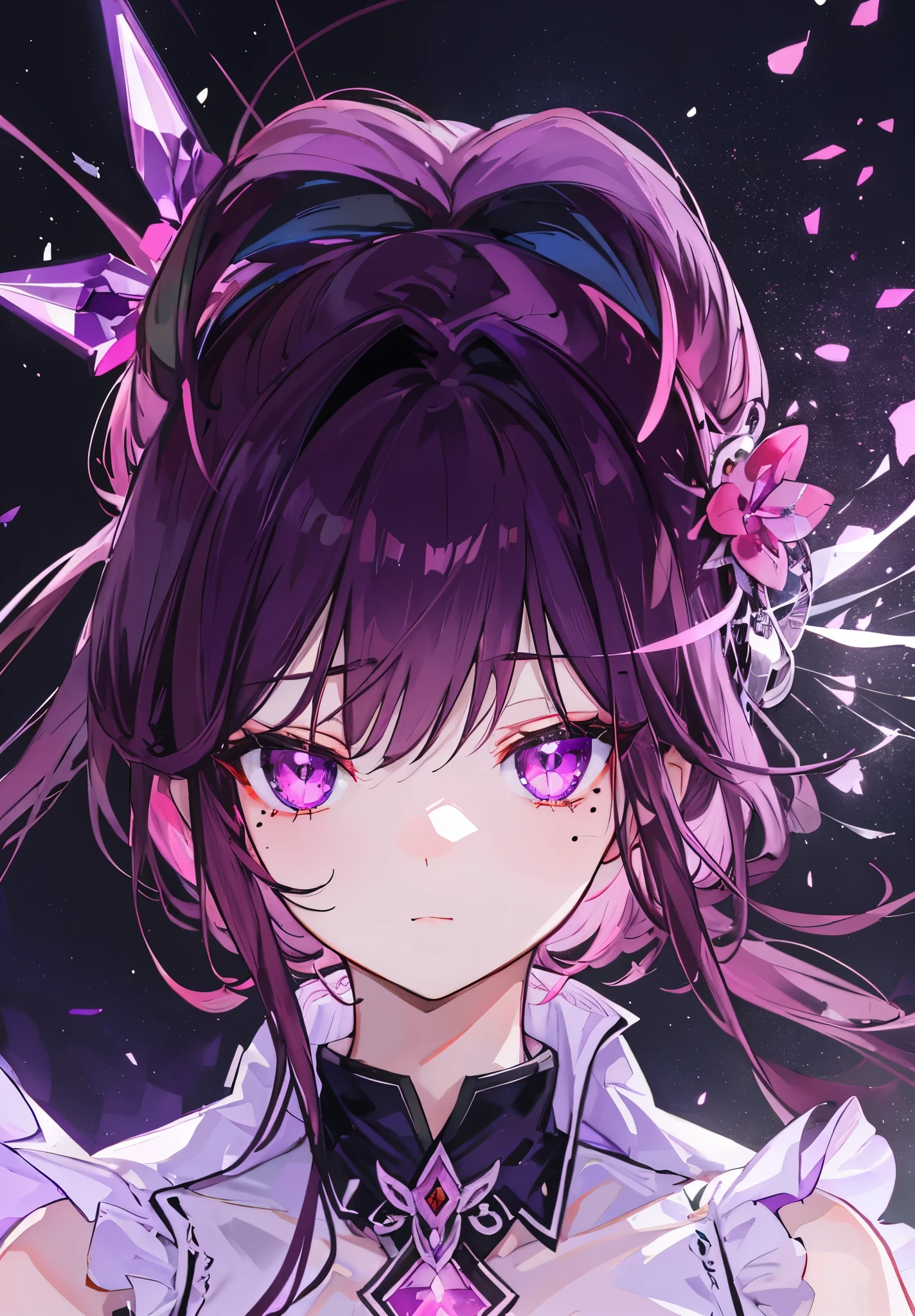 head，Pink-purple red pupils，beautiful purple brown hair，There is a mole in the center of the eyebrow，The face is white and tender，As cute as a rabbit，Violet orchid，Red crystal for decoration，The body is glowing with pink-purple fluorescence，Looks very sweet，Very cute