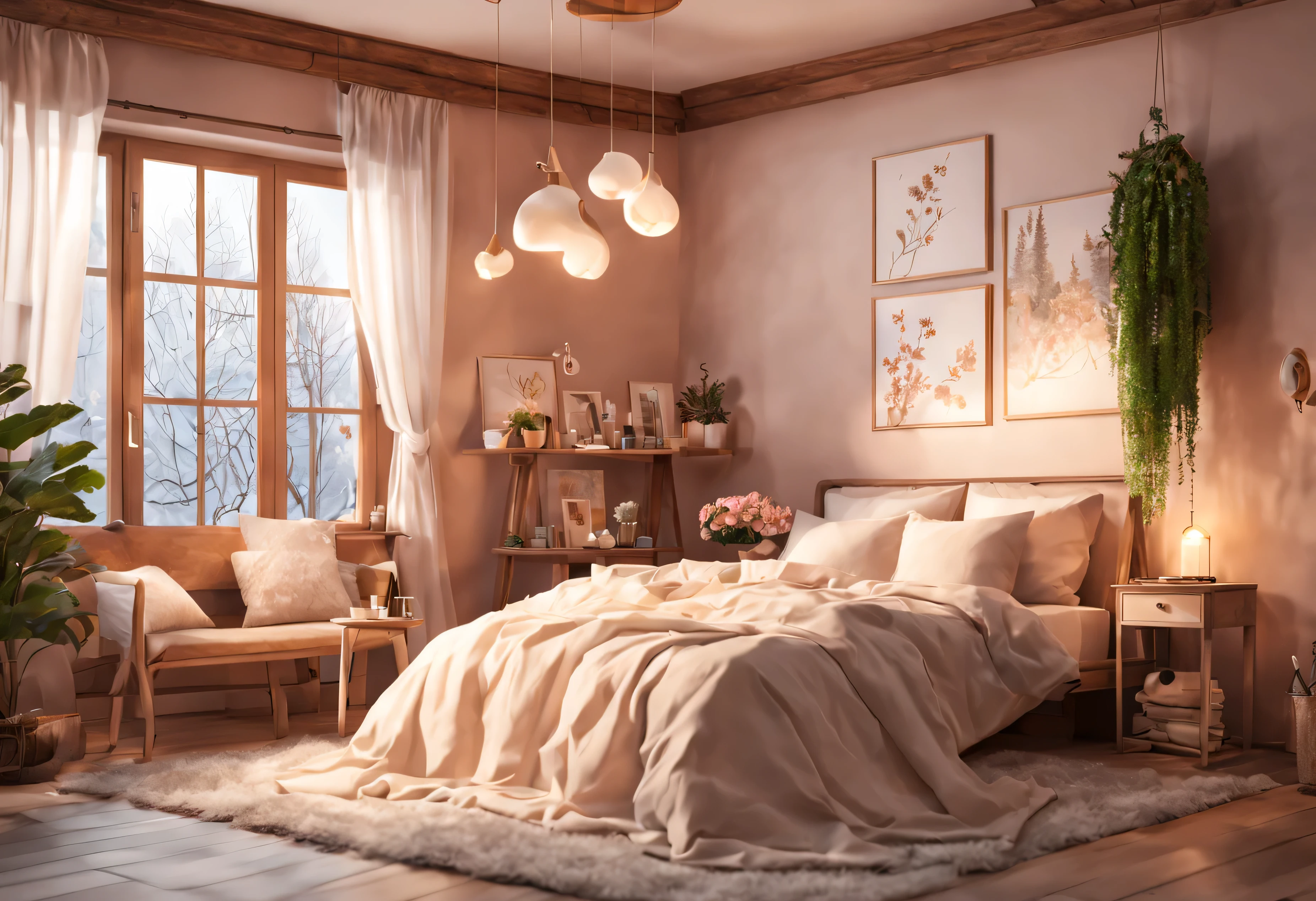 3d-style, incredibly beautiful and cozy bedroom interior in cozy and modern style. Everything in warm and delicate colors. Delicate steam rises from the hot cappuccino coffee on the table. Soft cushions around and potted flowers are hanging from the ceiling, adding to the cozy and inviting atmosphere. Soft hidden lighting casts a warm and beautiful glow over the dreamy scene, fireplace casts warm light on the floor, it's winter and snowing outside the windows. (Prompt B and C) 3d-style coffee shop interior, hot coffee steaming on the table, creating a cozy, beautiful and dreamy ambiance. (High resolution, 8k) very detailed anime photo of a bedroom interior
