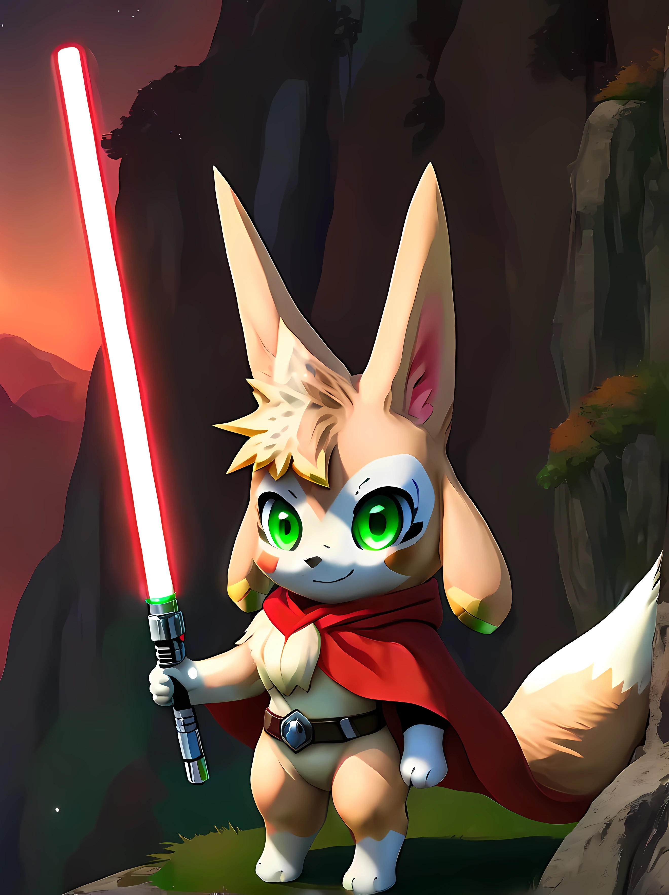 Masterpiece in maximum 16K resolution. | (side view:1.3), vxypwld style, cute vixy from palworld, big green eyes, beige and white fur, big fluffy tail, chest tuft, ((standing proudly on the edge of a cliff and holding a red lightsaber, wearing a dark cloak)), beautiful autumn night with shimmering stars. | ((More_Detail))