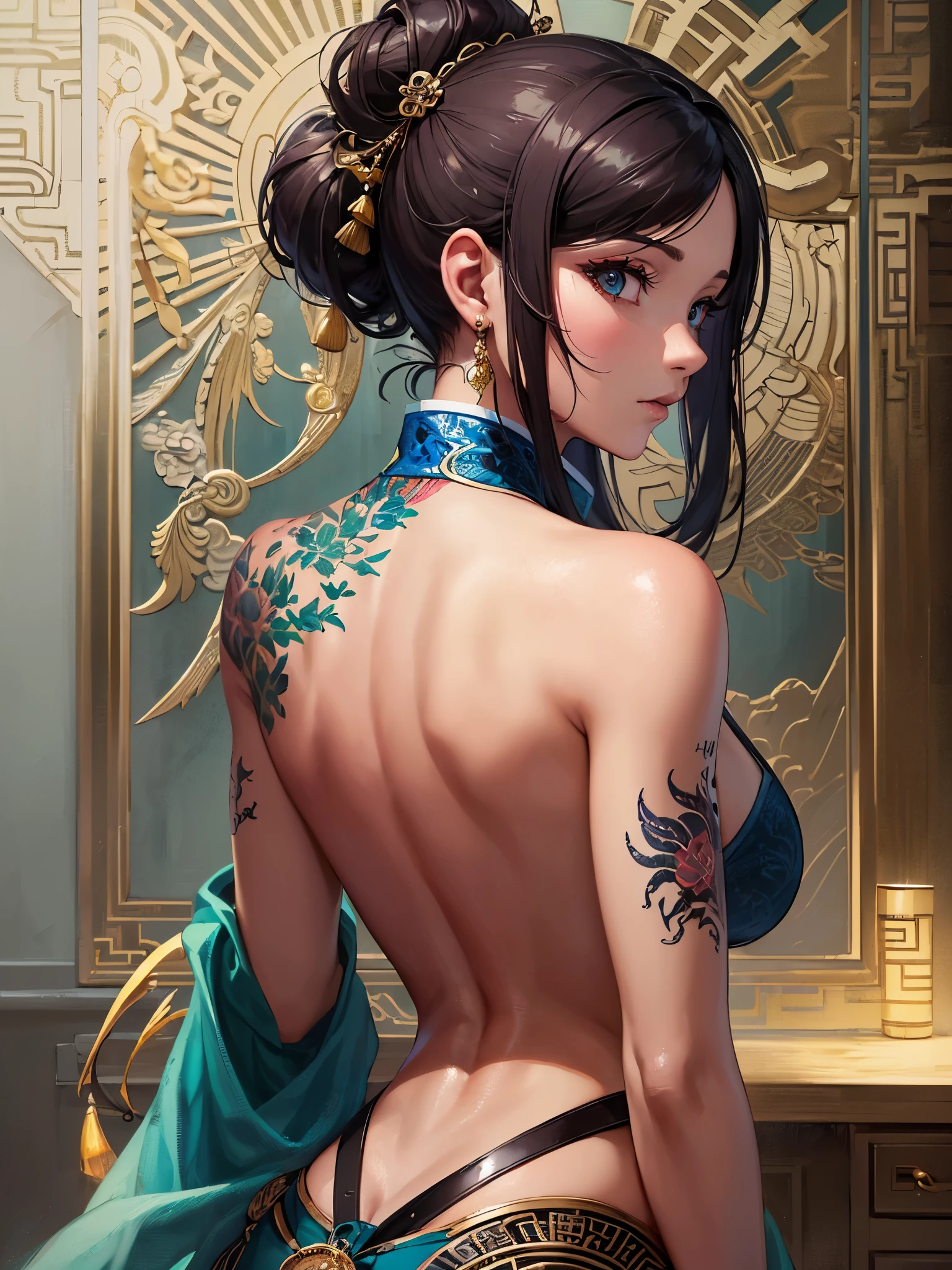 ((highest quality)),(ultra high resolution),(Super detailed),(detailed description),((best CG)),(best work of art),super precision art,great drawing art,(Chinese-style fantasy art with precise details:1.5), (1 woman:1.5),(beautiful and well-shaped face:1.5),toned back:1.5,A look of determination:1.6,backless cheongsam 1.7,(((dragon tattoo on her back:1.8,))), ((buckshot:1.6))