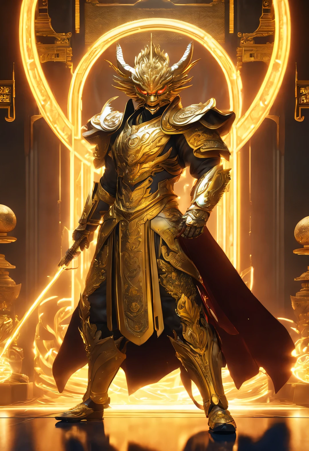Chinese dragon wearing cloak and armor, Glory to the sun god, shining brightly, Handsome guy in golden robe (Forming a spell through gestures), With martial arts aura, carry a palace, game character (Surrounded by letters "AI"), cyberpunk style, neon lights, best quality, 3d rendering, Aerial View, 16k, ultra high definition, high resolution, very detAIled, best quality - ar 3:4- Rainbow 5