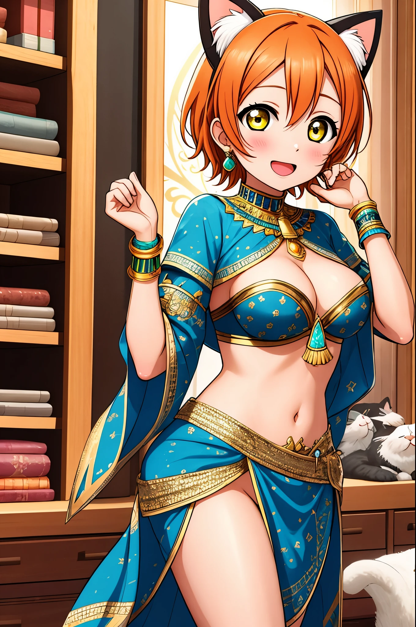 masterpiece, best quality,(hoshizora rin:1.000),  yellow eyes, orange hair, (breasts:0.996), (cat ears:0.994), (egyptian clothes:0.950), (pelvic curtain:0.788), (bracelet:0.756),(cat girl:0.692), (earrings:0.671), (egyptian:0.618), (ring:0.600), (looking at viewer:0.593), Blush, (open mouth:0.5), Submissive 