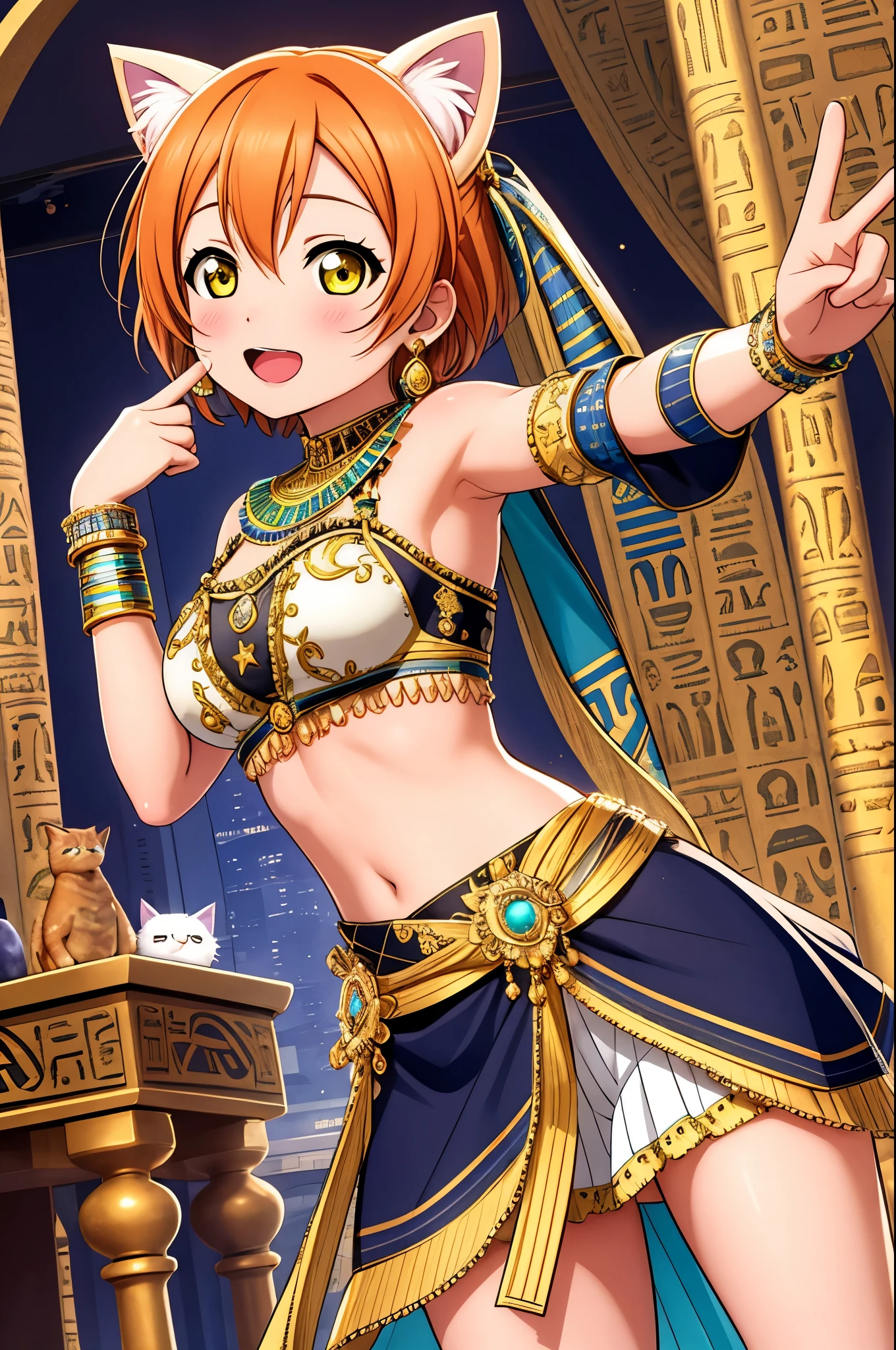 masterpiece, best quality,(hoshizora rin:1.000),  yellow eyes, orange hair, (breasts:0.996), (cat ears:0.994), (egyptian clothes:0.950), (pelvic curtain:0.788), (bracelet:0.756),(cat girl:0.692), (earrings:0.671), (egyptian:0.618), (ring:0.600), (looking at viewer:0.593), Blush, (open mouth:0.5), Submissive 