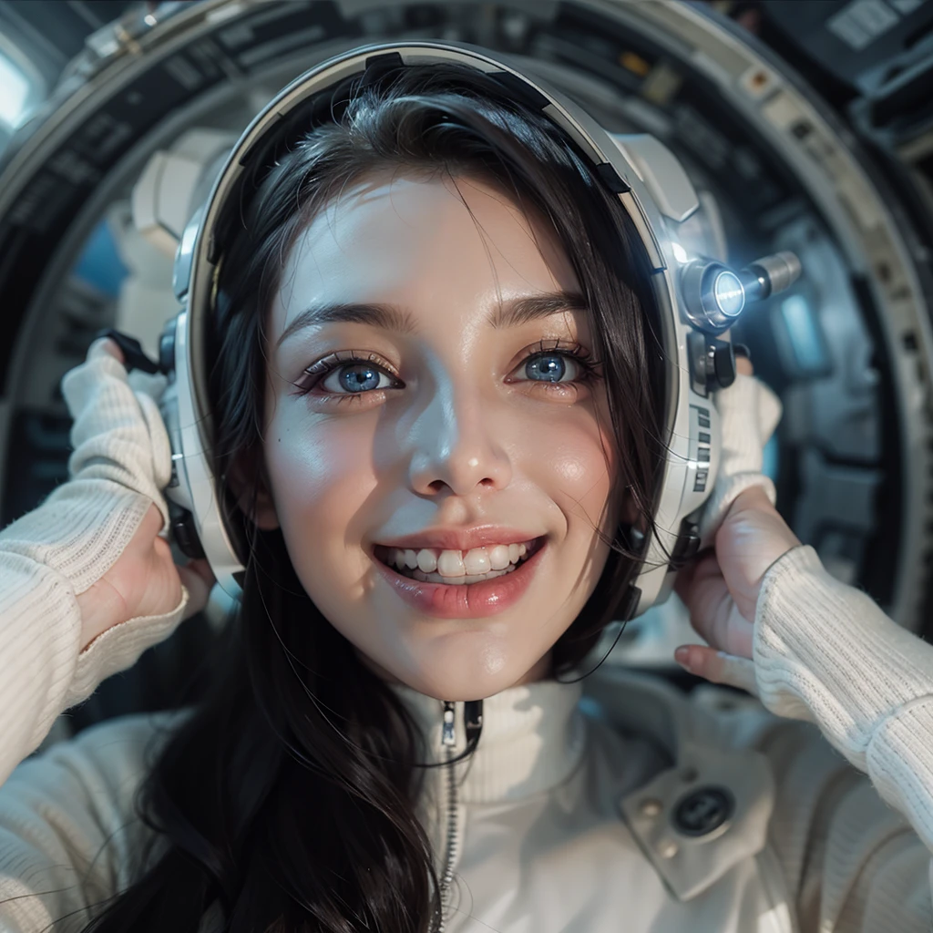 Enchanted woman happy to raise her hand Perfect beauty Beautiful white skin Beautiful eyes Lustrous lips lovely smile wink Dark hair He wears a thin spacesuit designed in white and black that sticks to his body. Functional head phone Inside the spacecraft
