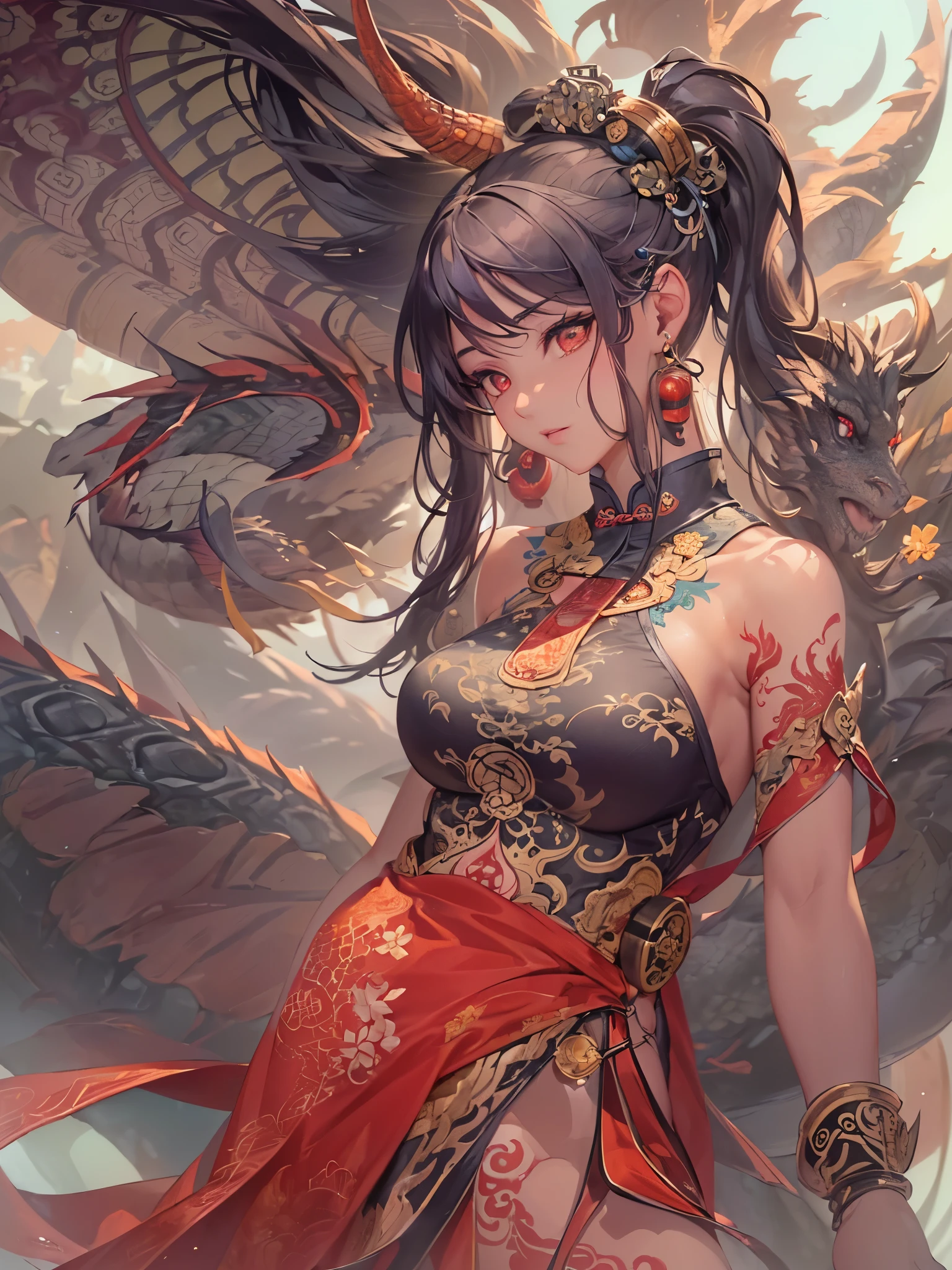 ((highest quality)),(ultra high resolution),(Super detailed),(detailed description),((best CG)),(best work of art),super precision art,great drawing art,(Chinese-style fantasy art with precise details:1.5), (1 woman:1.5),(beautiful and well-shaped face:1.5),toned back:1.5,A look of determination:1.6,backless cheongsam 1.7,(((dragon tattoo on her back:1.8,))), ((buckshot:1.6))