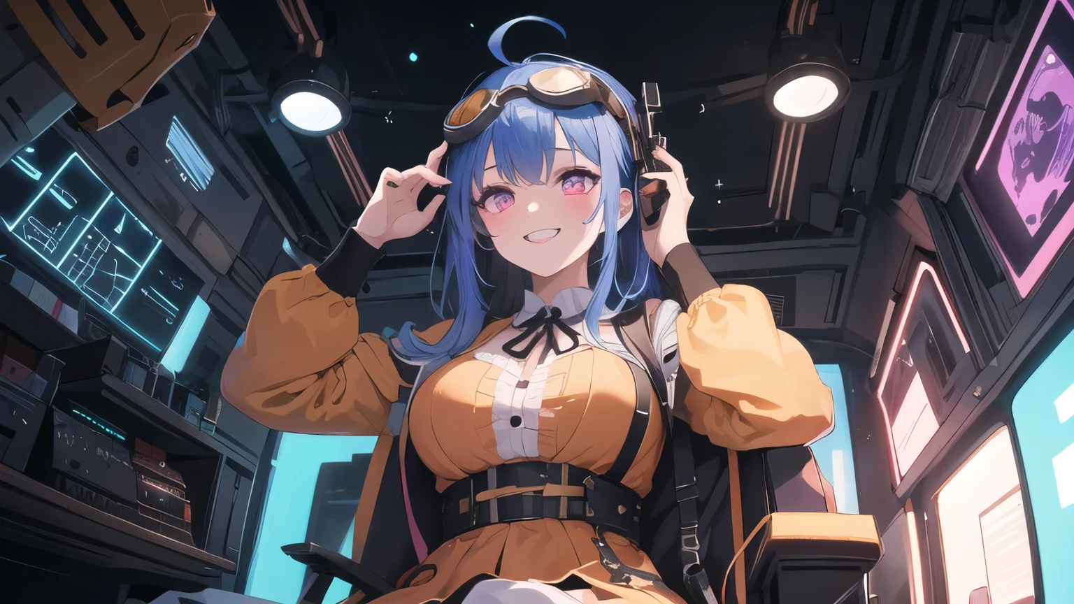 1girl, solo, 25 years old, wearing orange dress(intricate ornamentation), wild violet-blue hair, ahoge, pink eyes(neon glow), goggles on head, grinning, blushing, thick adult body, voluptuous, pale skin(cadaverous complexion), wires extending, wire plugged into neck, wet skin, chiaroscuro, clockwork, steampunk spaceship cockpit, laying on leather pilot seat, from below, cosmic, stars outside, absurdes, high res, ultrasharp, 8k, best quality, masterpiece, looking at viewer, perfect hands, perfect fingers
